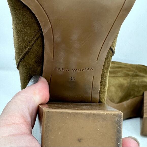 Zara Golden Brown Suede Leather Stacked Heel Pull On Booties - Picture 11 of 12